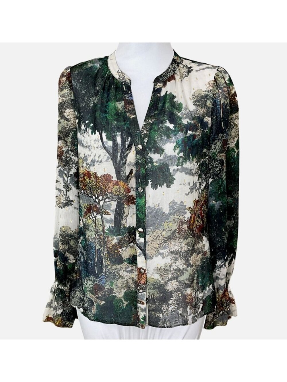 White House Black Market Long Sleeve Elastic Ruffle Cuffs Landscape Blouse XS
